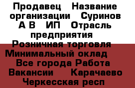 Продавец › Название организации ­ Суринов А.В., ИП › Отрасль предприятия ­ Розничная торговля › Минимальный оклад ­ 1 - Все города Работа » Вакансии   . Карачаево-Черкесская респ.